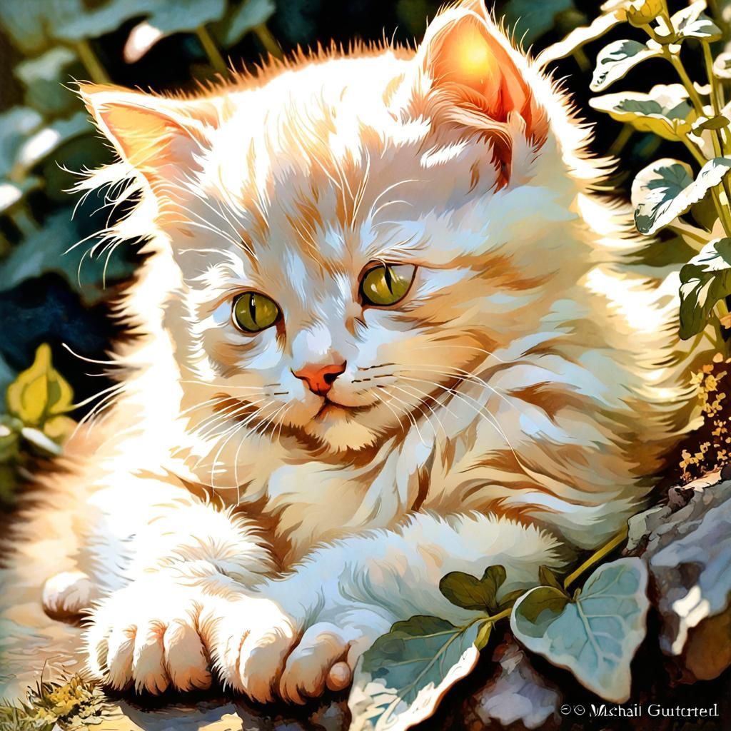 Cute Kitten Asleep in Summer Garden