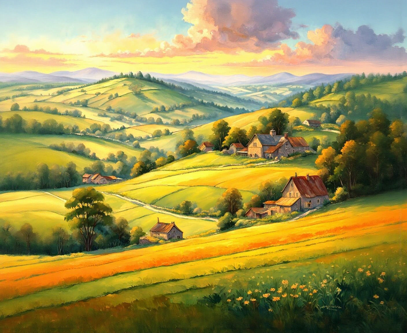 Lush Countryside Landscape in Vivid Watercolor Style