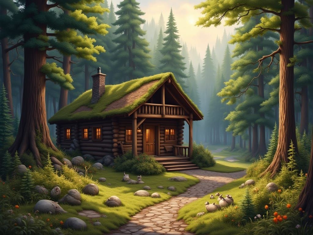 Whimsical Log Cabin in Forest Clearing