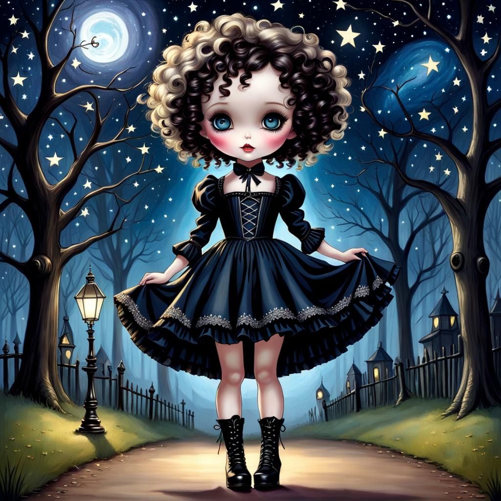 Gothic Woman Dancing Under Stars, Whimsical Art