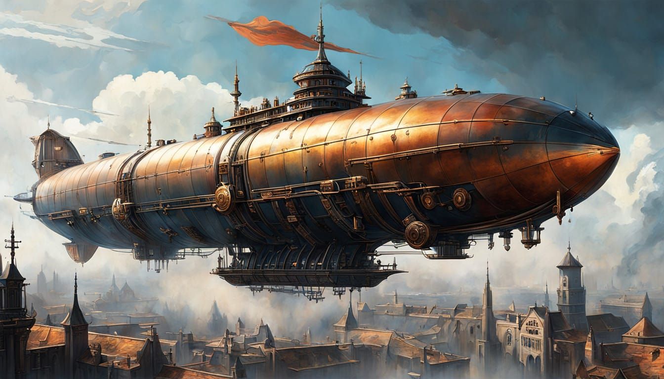 Futuristic Airship Takes Flight in Industrial Sky