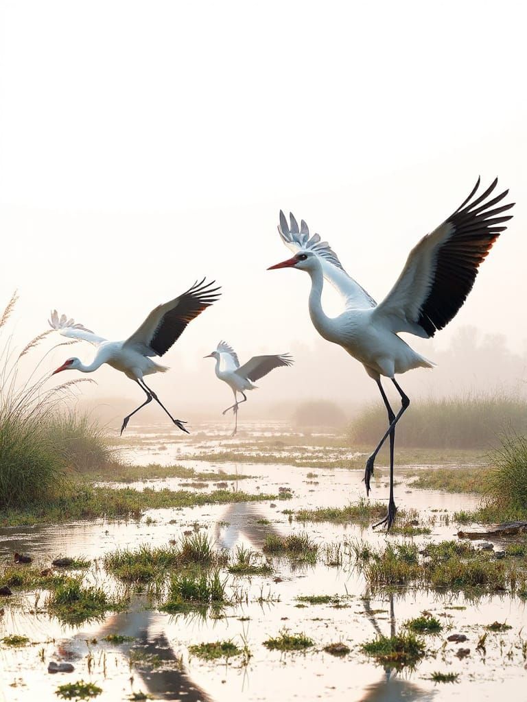 Cranes and Storks Dance in Morning Mist, Double Exposure Art