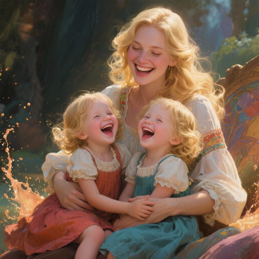 Joyful Mother Laughing with Twin Daughters