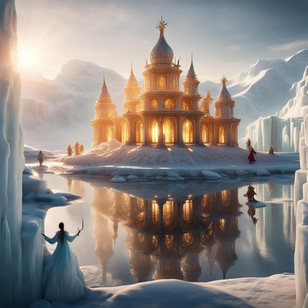 Arctic Ice Temple with Sun Rays and Ice Maidens