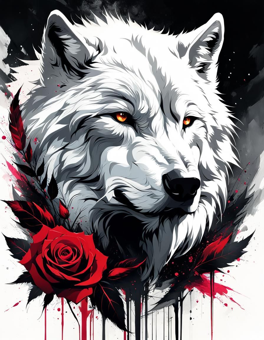 Dire Wolf Portrait with Rose Depth, Mixed Media Art
