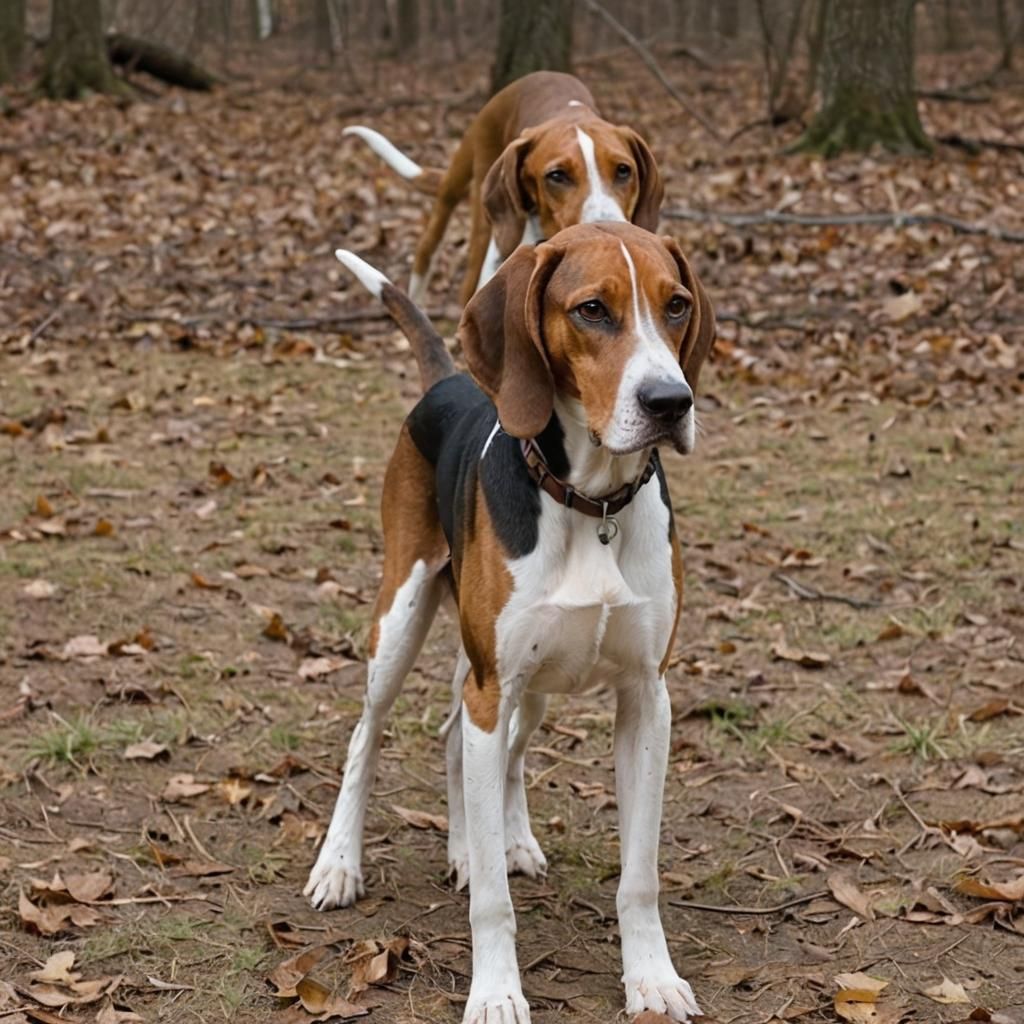 a treeing walker coonhound, solid smooth brown head and long ears, solid white muzzle sitting in the distance
