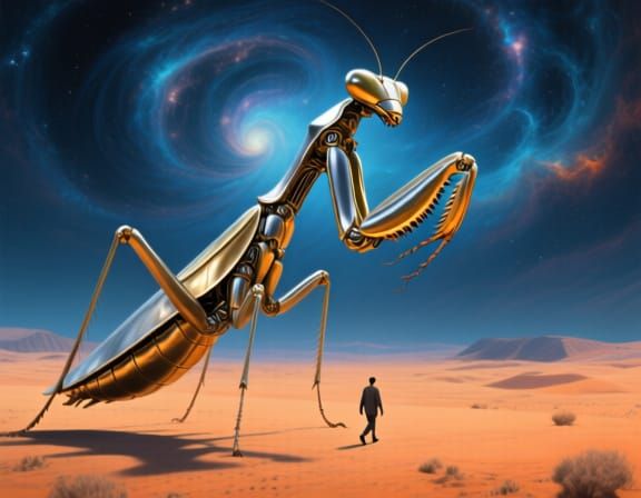 Colossal Chrome Mantis in Surreal Desert Sky