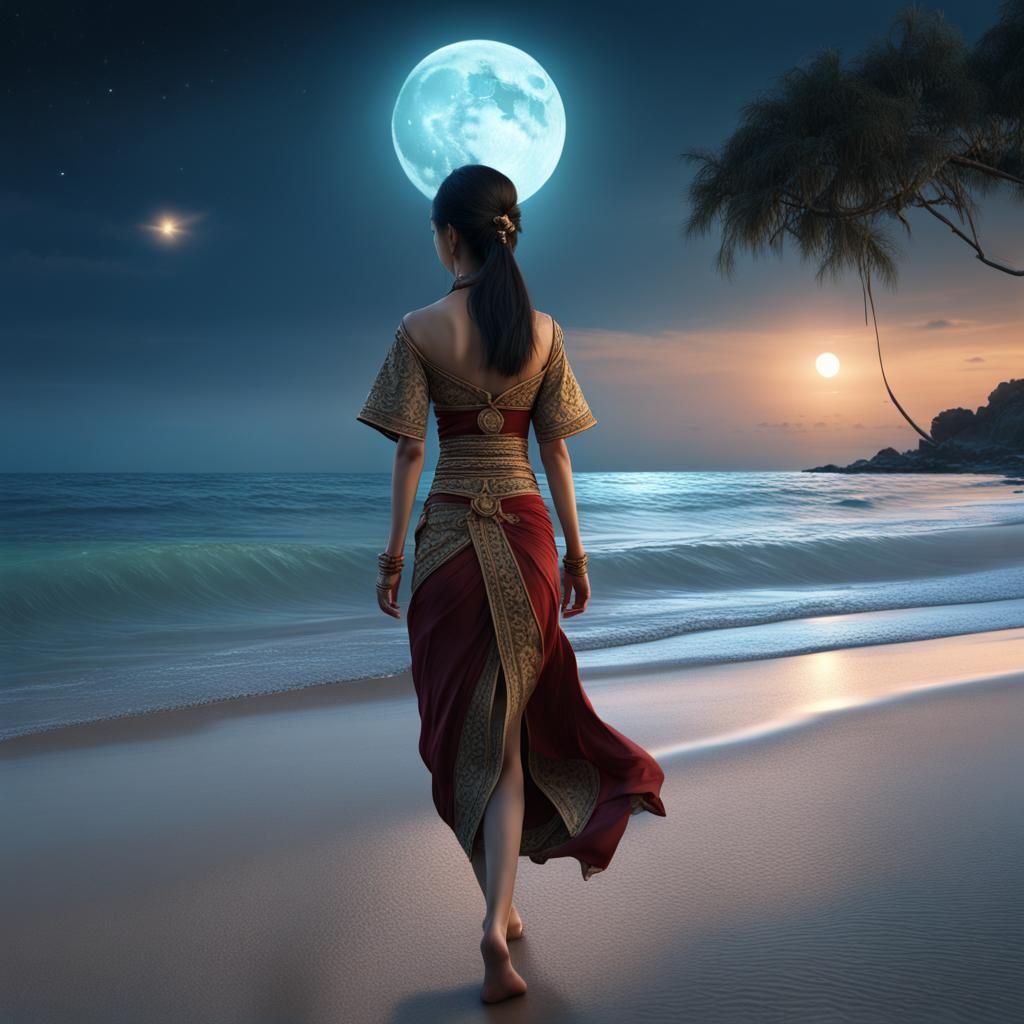 Thai Woman on Beach Under Full Moon