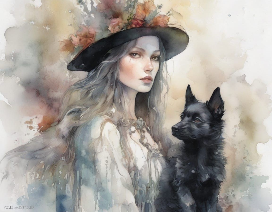 Gothic White Witch with Black Puppy in Ethereal Watercolor S...