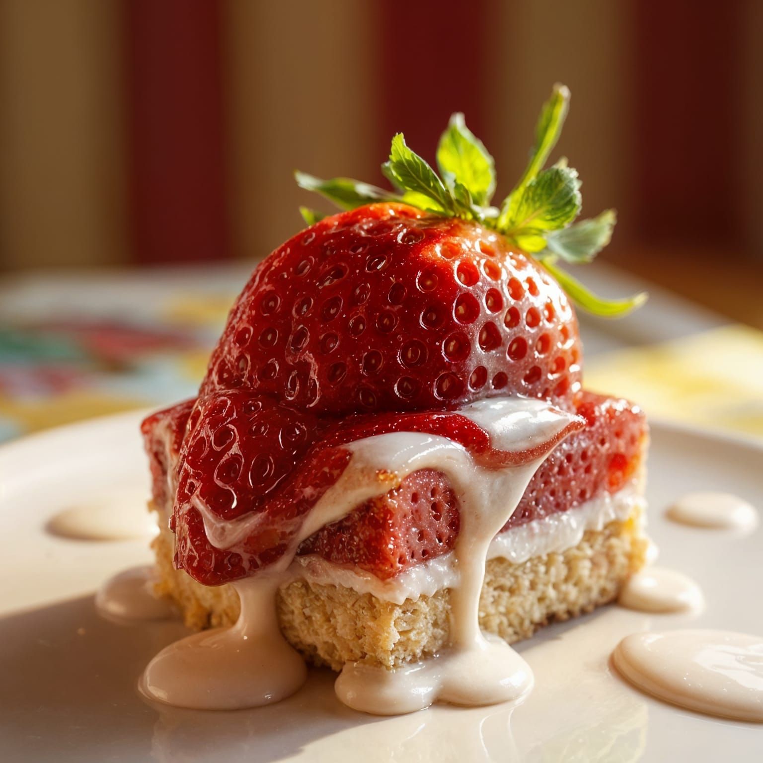 Hyperrealistic 3D Strawberry Cake Slice with Glaze