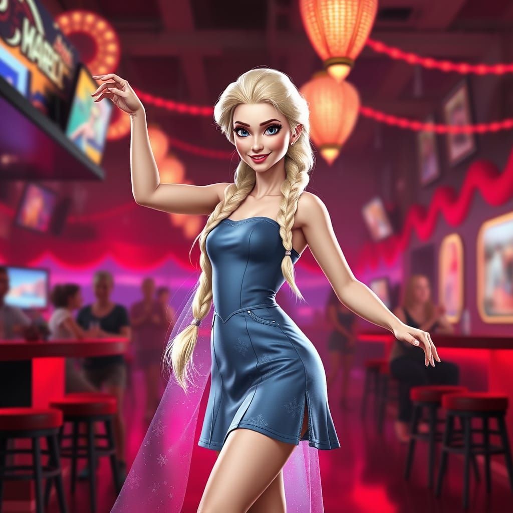 Elsa Dances on a Vibrant Nightclub Beach in a Sparkling Plat...
