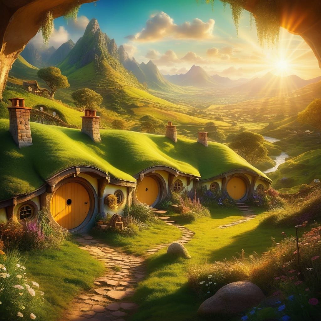 Magical Tolkien Valley with Hobbit Holes in Oil Painting Sty...