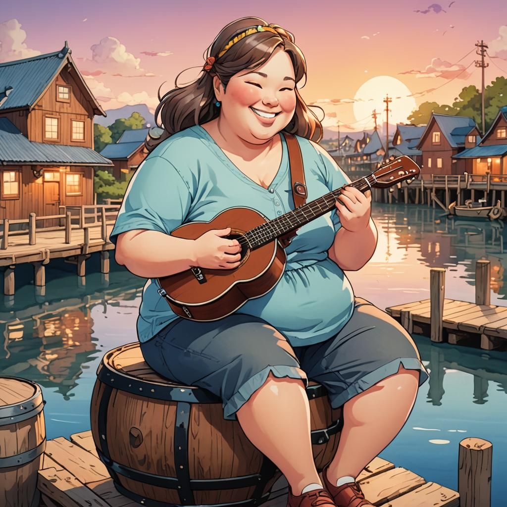 Anime Woman Playing Banjo on Wharf