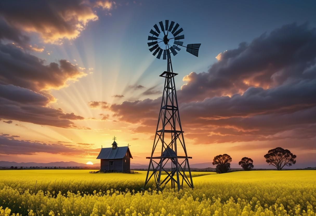 Southern Cross windmill in a canola field with a sunset behi...