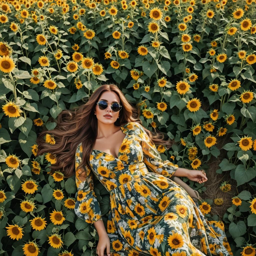Curvy Woman in Sunflower Field, Top View