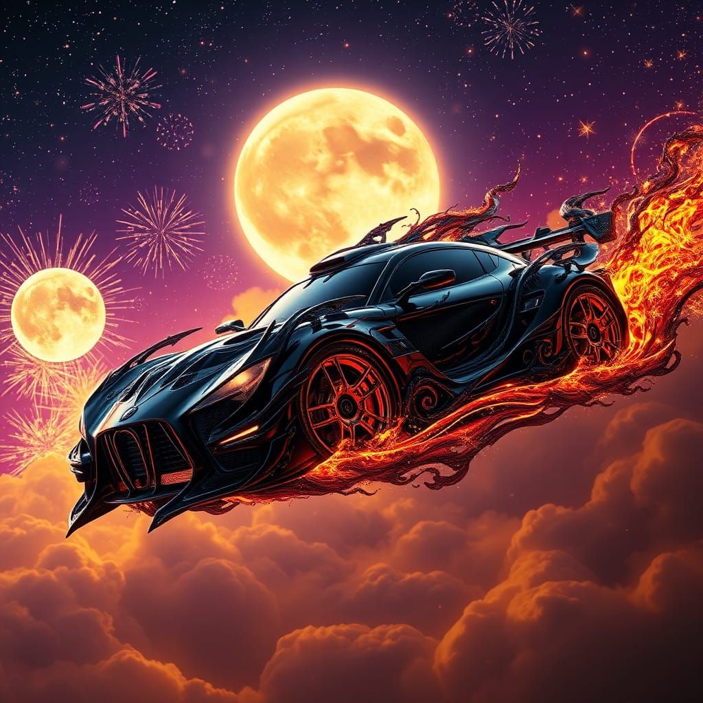 Flaming Car in Celestial Sky, Dark Fantasy Art