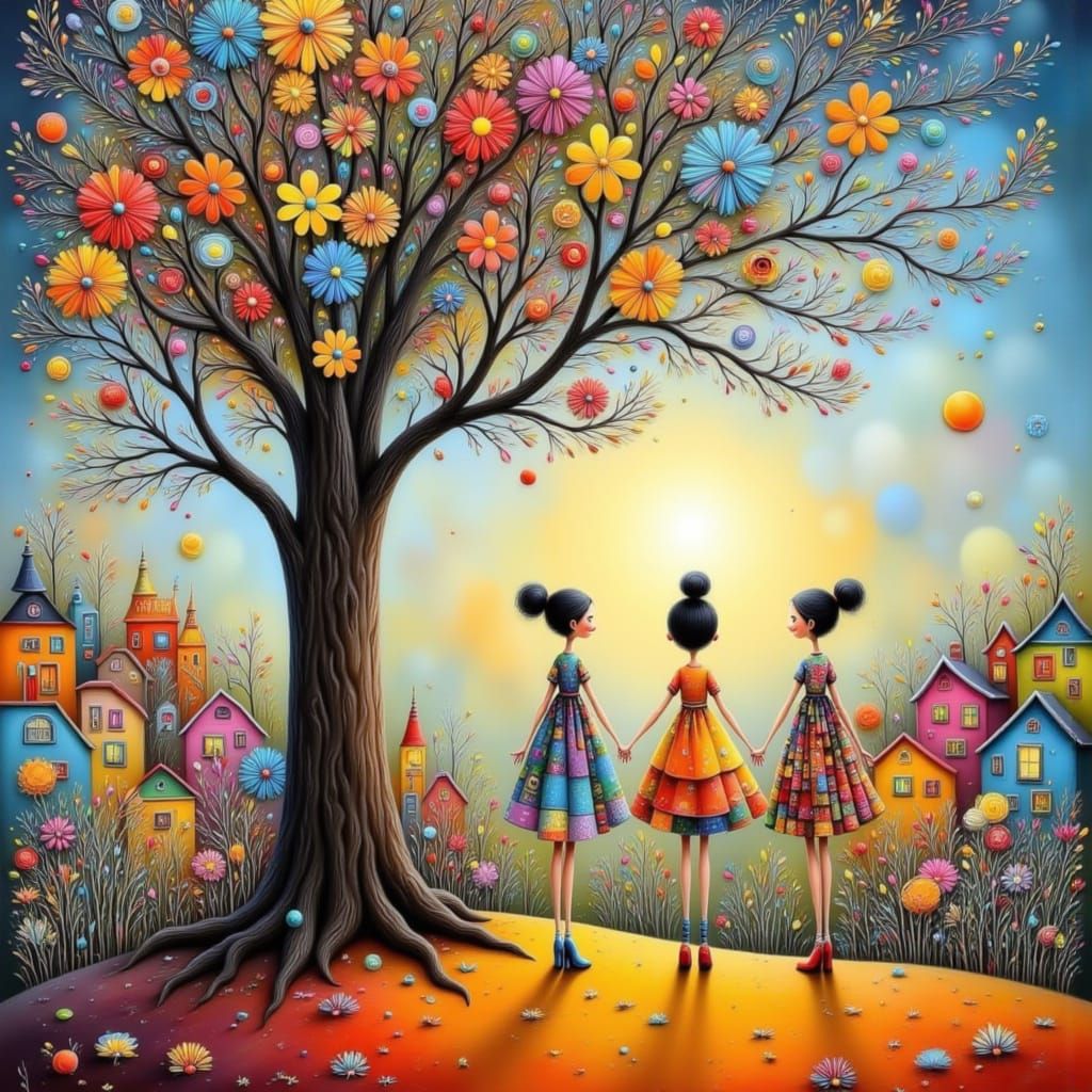 Girls Holding Hands Around Tree in Whimsical Town