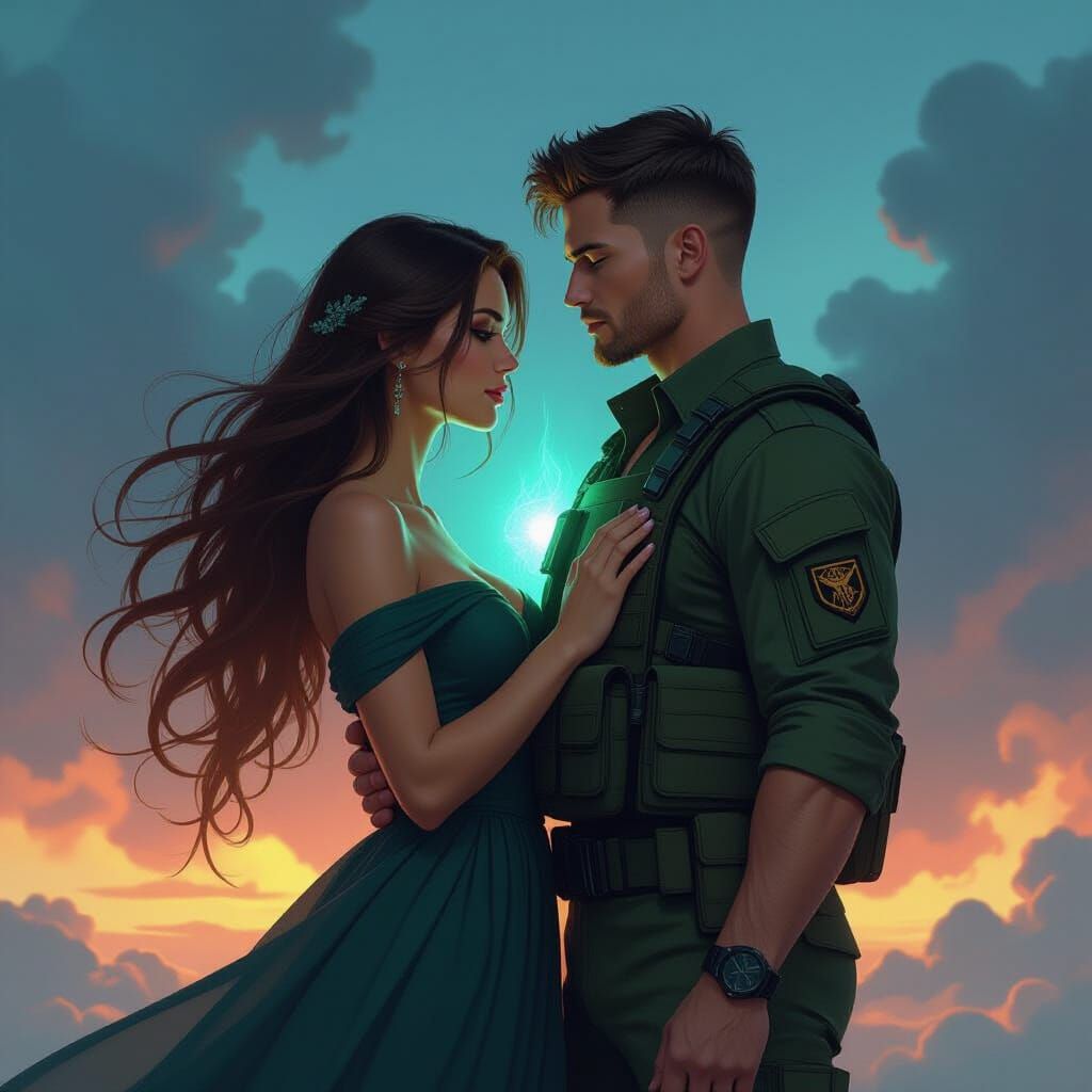 Ethereal Woman with Soldier in Futuristic Twilight