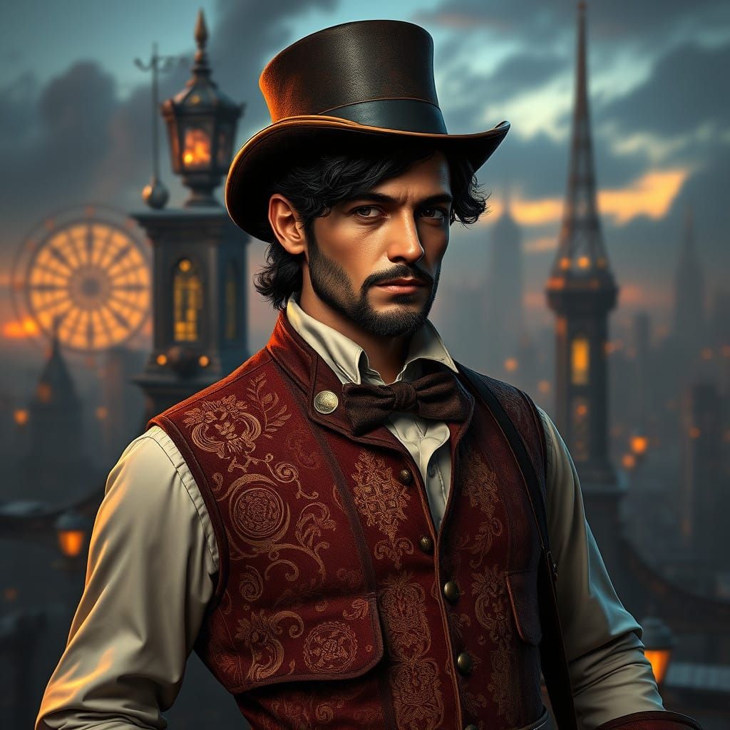 Steampunk Gentleman in Victorian-Era Cityscape