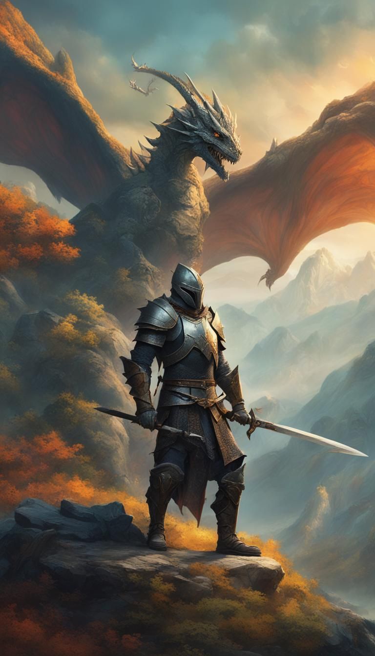 Knight and Dragon in a Fantasy Landscape