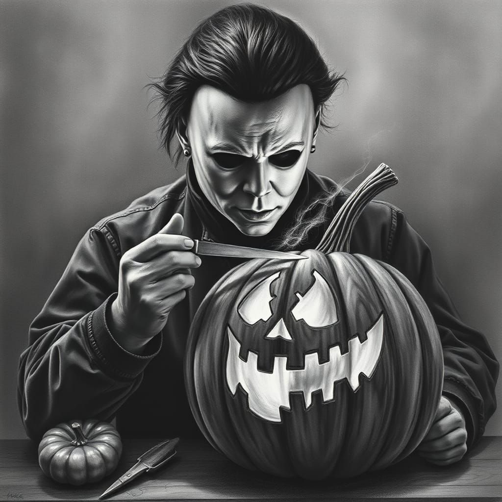 Michael Myers Carving Pumpkin: Hyperrealistic Charcoal Drawi...