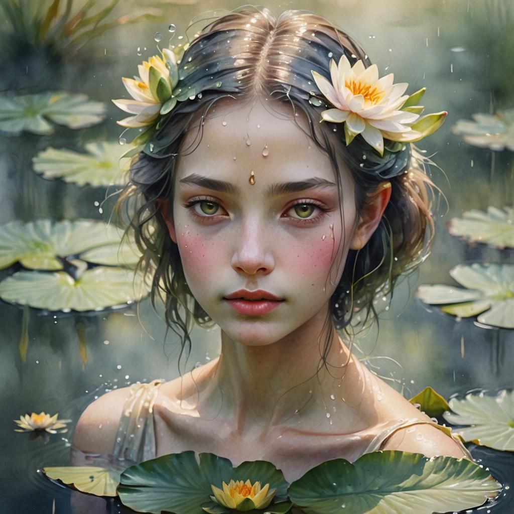 Ethereal Water Lily Woman in Watercolor Style