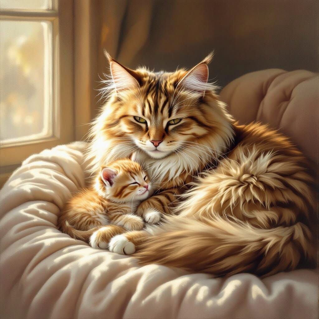 Mother Cat and Kitten on Velvet Cushion