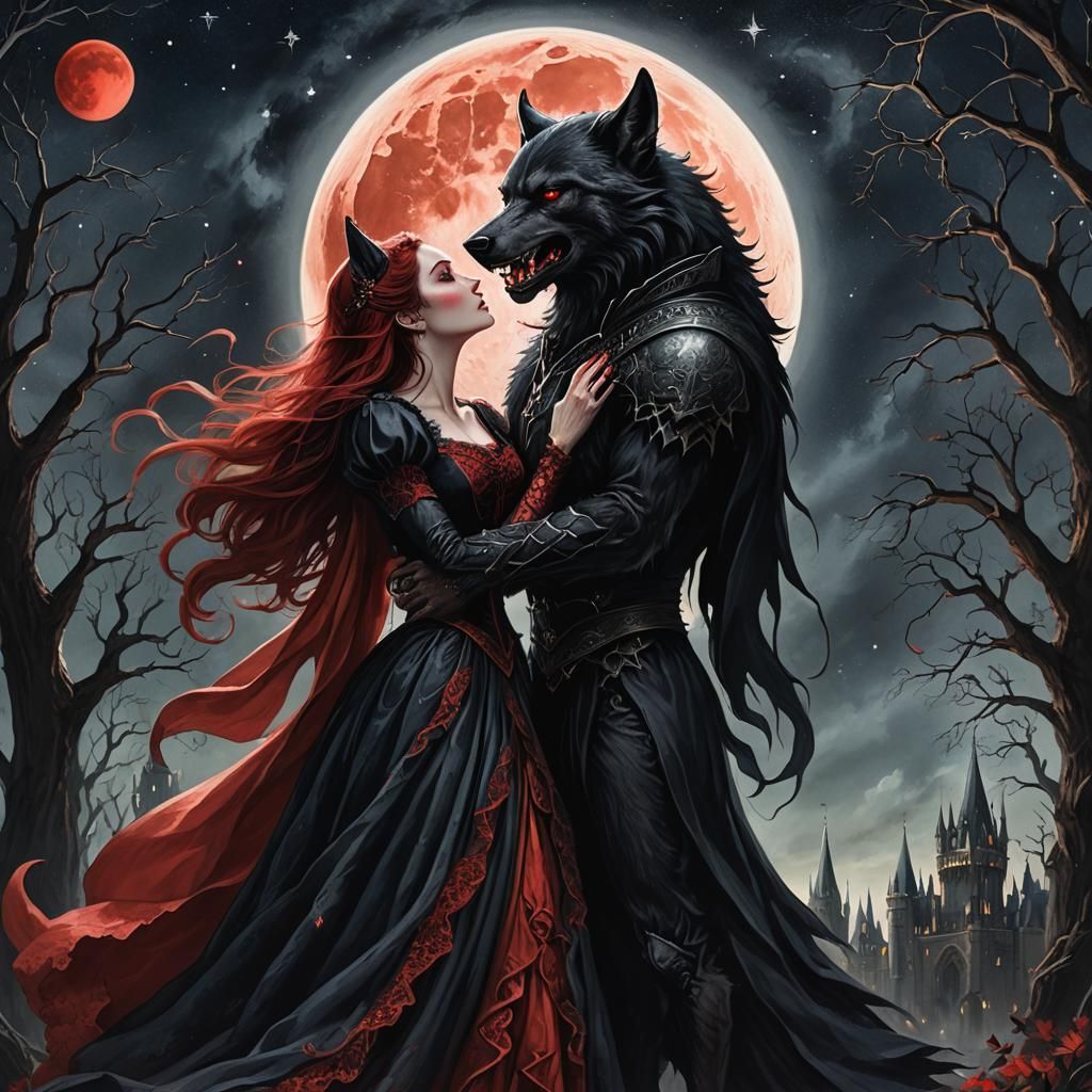 Gothic Romance: Werewolf and Woman Under Red Moon