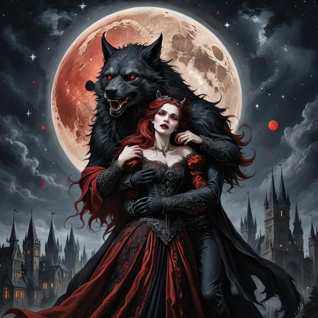Gothic Woman and Werewolf Under Red Moon