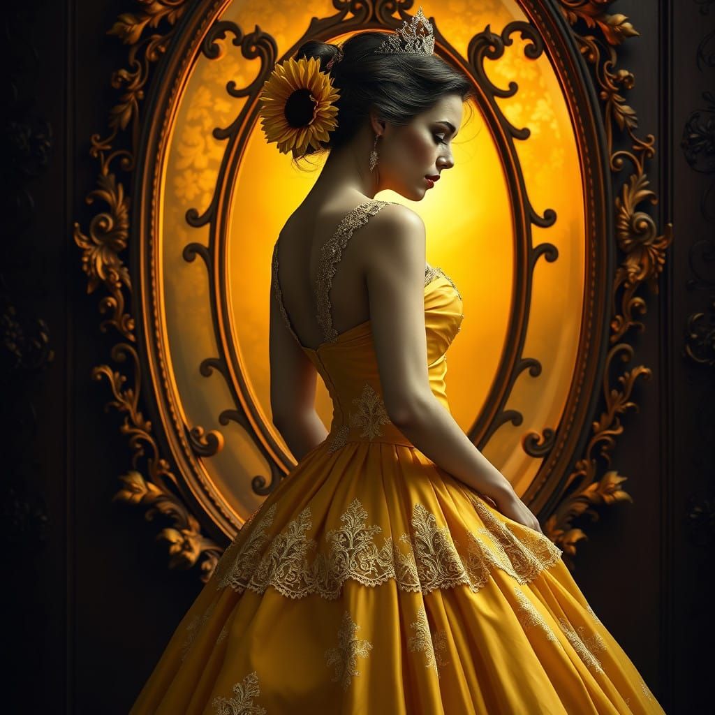 Regal Woman in Golden Ball Gown with Sunflower