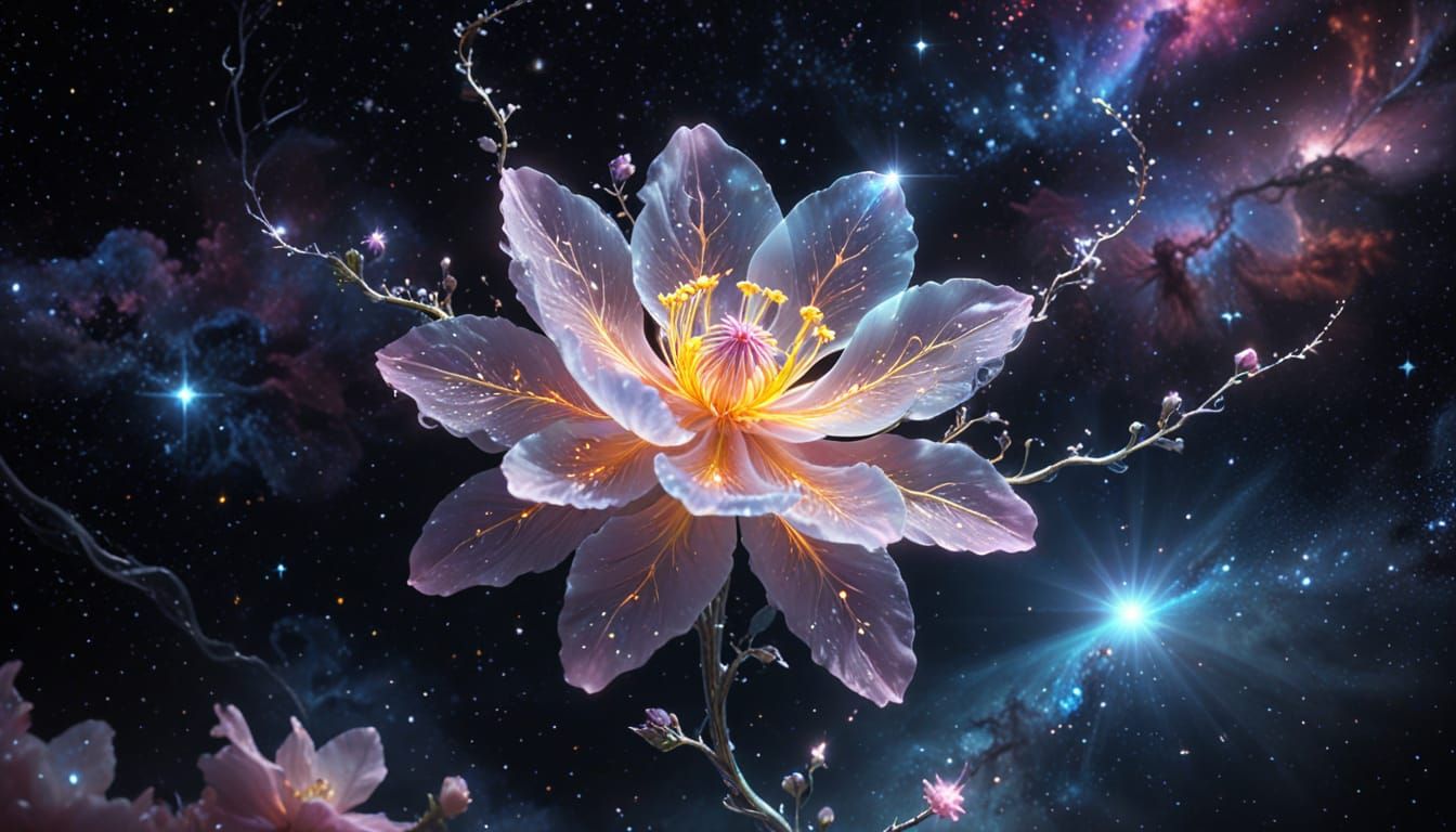Mystical Flower Blooms in Space, Surreal Digital Art