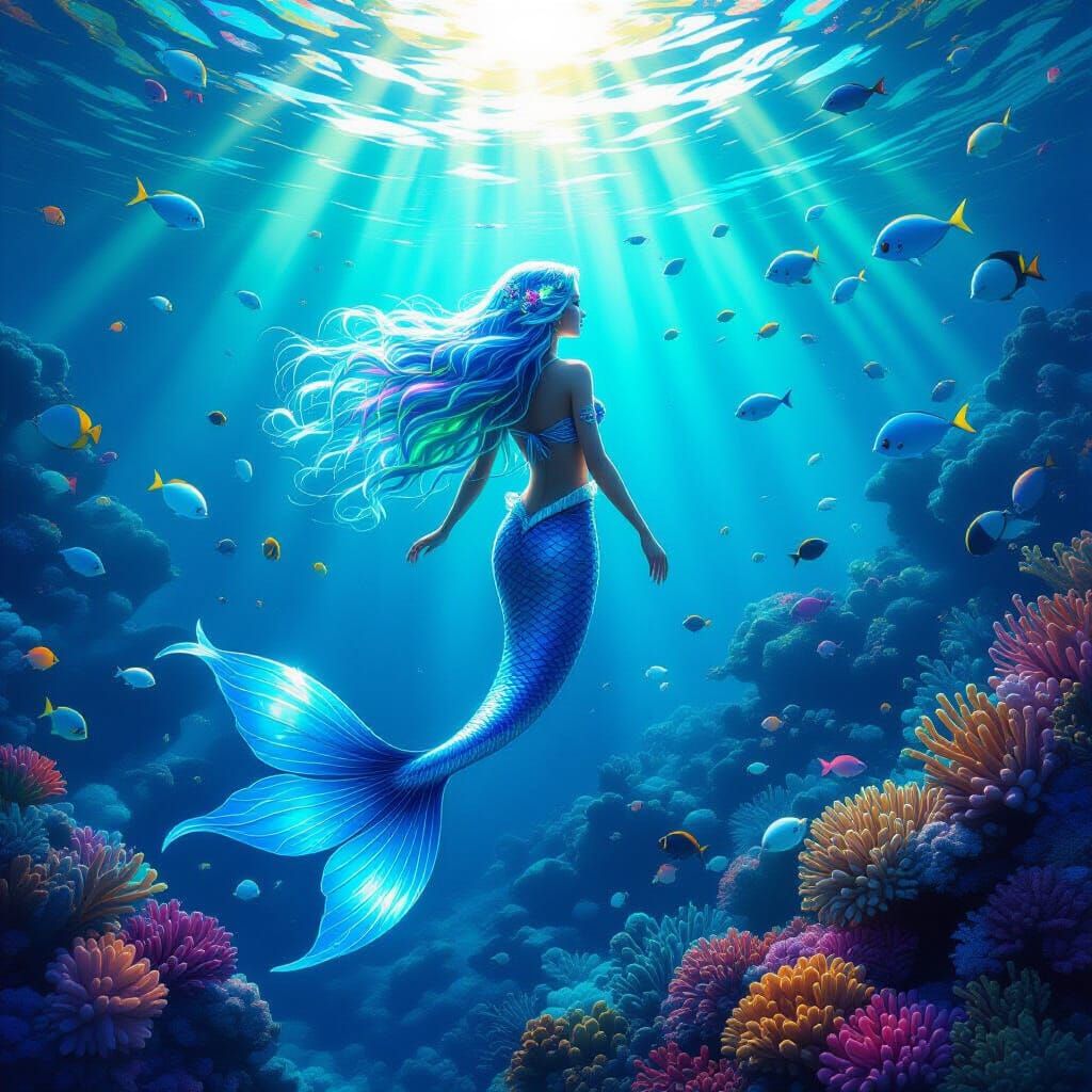 Bioluminescent Mermaid in Coral Reef: Fantasy Art