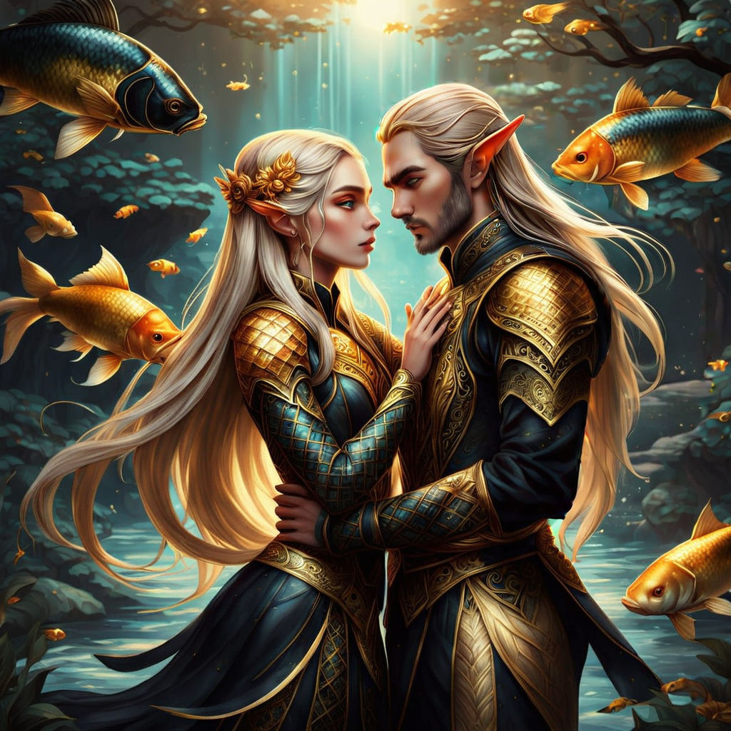 Entwined Lovers Amidst Vibrant Koi in Fantasy Art