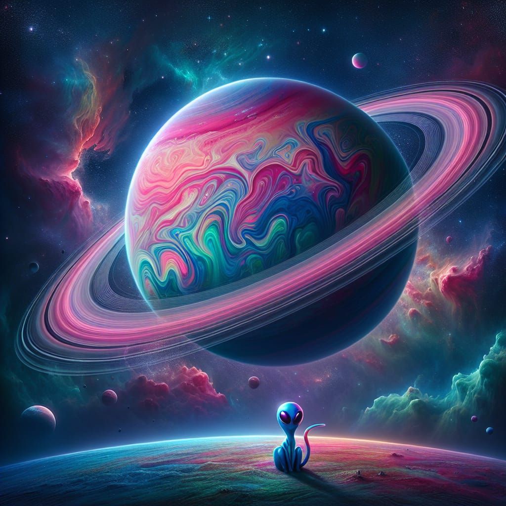 Vibrant Ringed Planet with Alien Observer