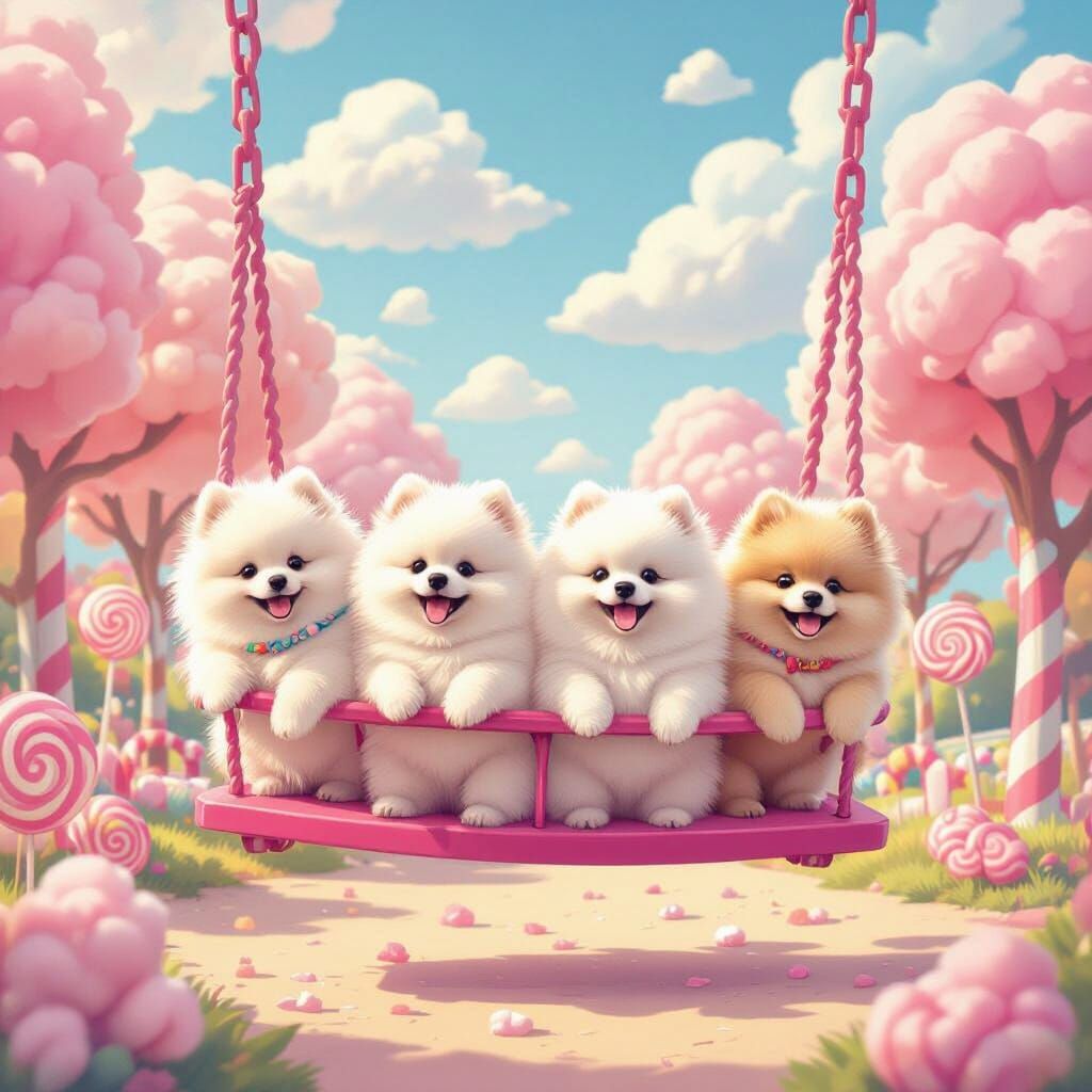 Fluffy Pomeranians on Pink Swing in Candy Land Playground