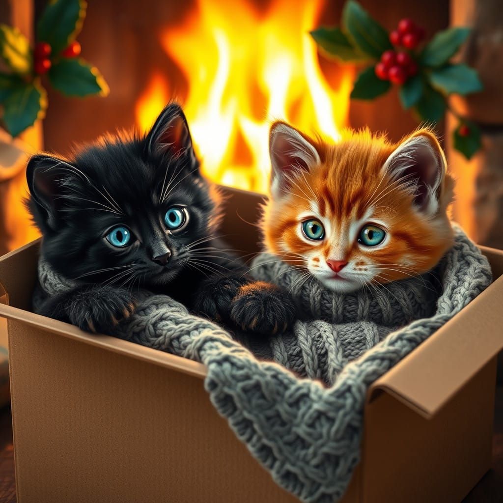 Cozy Christmas Kittens Snuggle Up by a Warm Fireplace