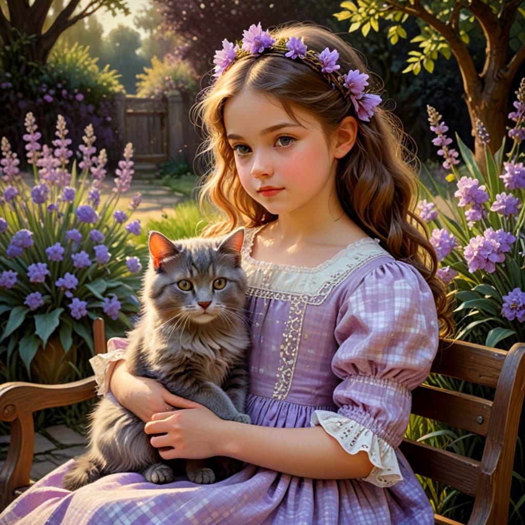 Whimsical Springtime Scene with Girl and Cat in Lavender Gin...