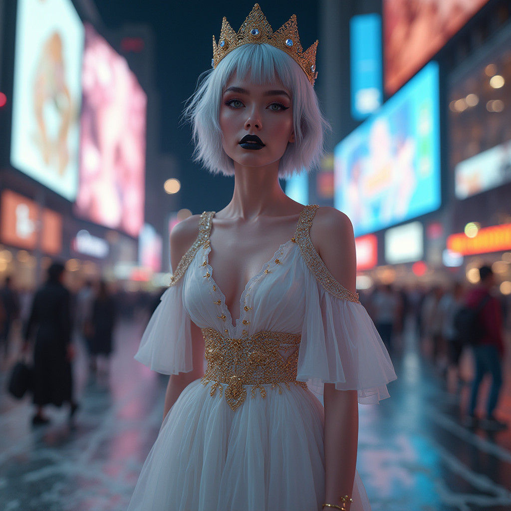 Silver-Haired Woman in Times Square: Hyperrealistic Matte Pa...