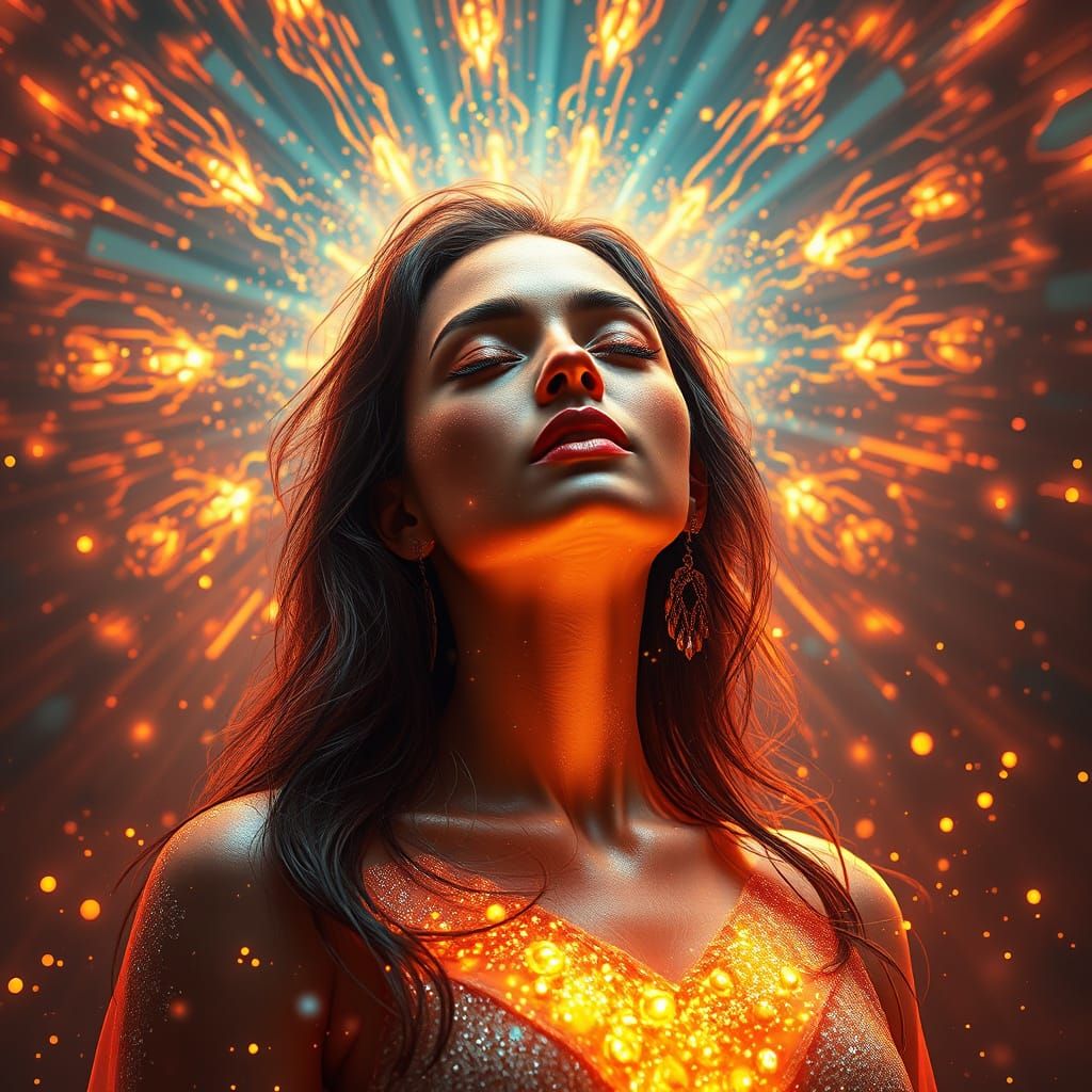 Woman Embraces Divine Light in Splash Art Style