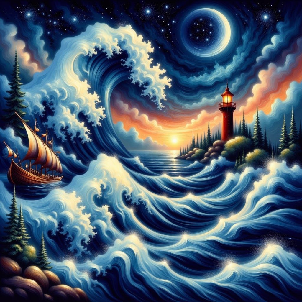 Hyper-Realistic Nighttime Waves Scene with Mermaid and Vikin...