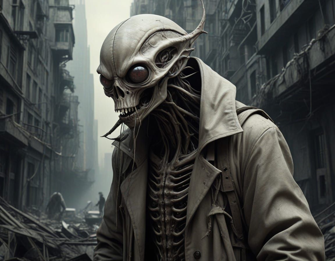 Ethereal Alien Confronts Dystopian Horror in Ink Drawing