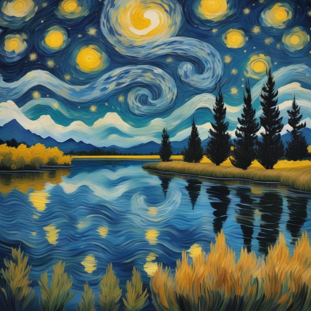 Starry Night Landscape with Swirling Clouds and Cypress Tree...