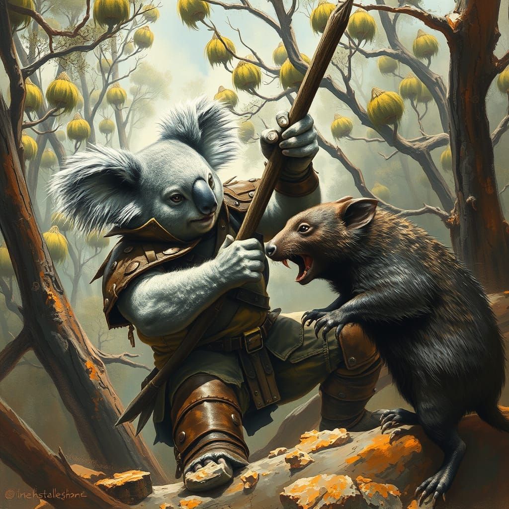 Koala Versus Wombat in Frazetta-esque Forest Battle