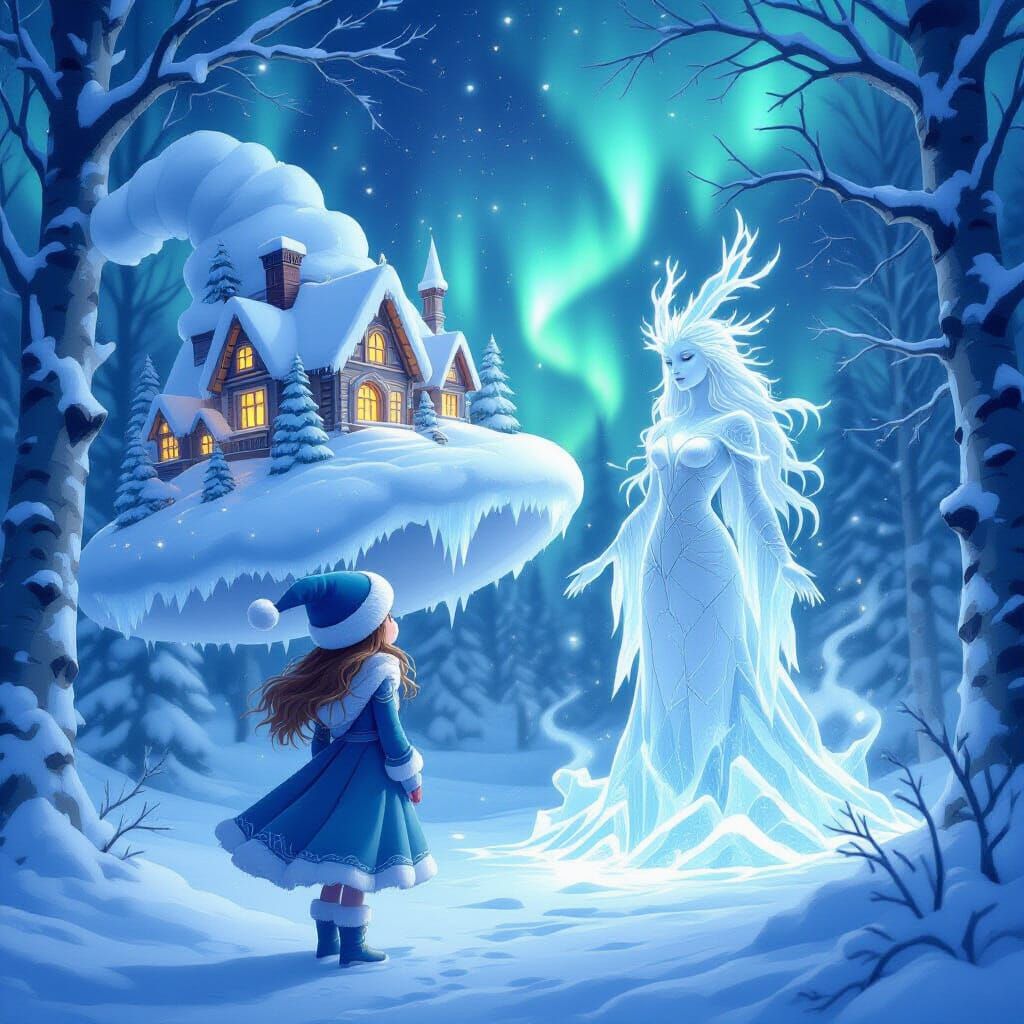 Magical Girl in Snowy Forest with Village Hat