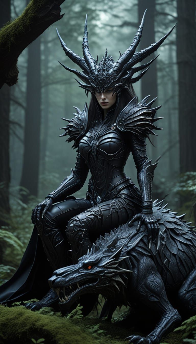 Mysterious Woman in Dark Armor Atop a Ferocious Beast in a G...