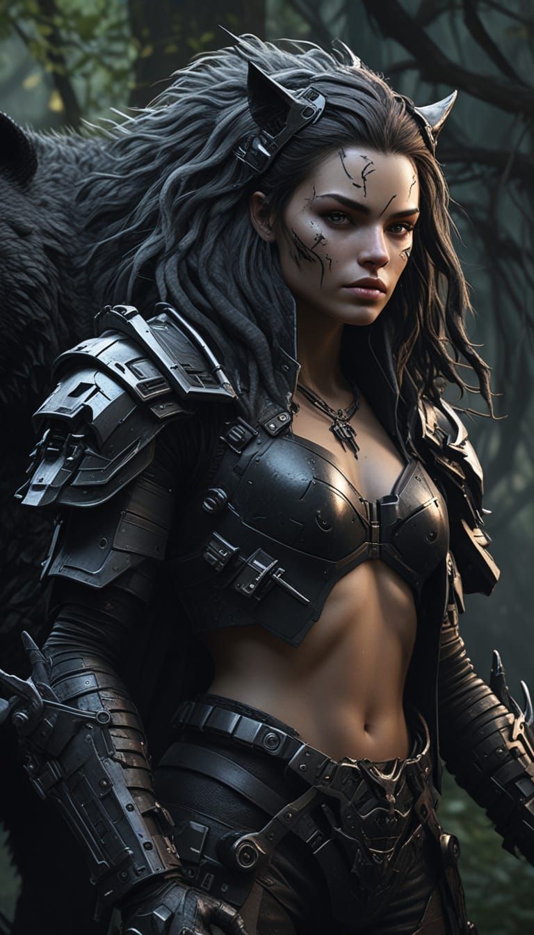 Regal Warrior Rides Twisted Beast Through Dark Forest in Cyb...