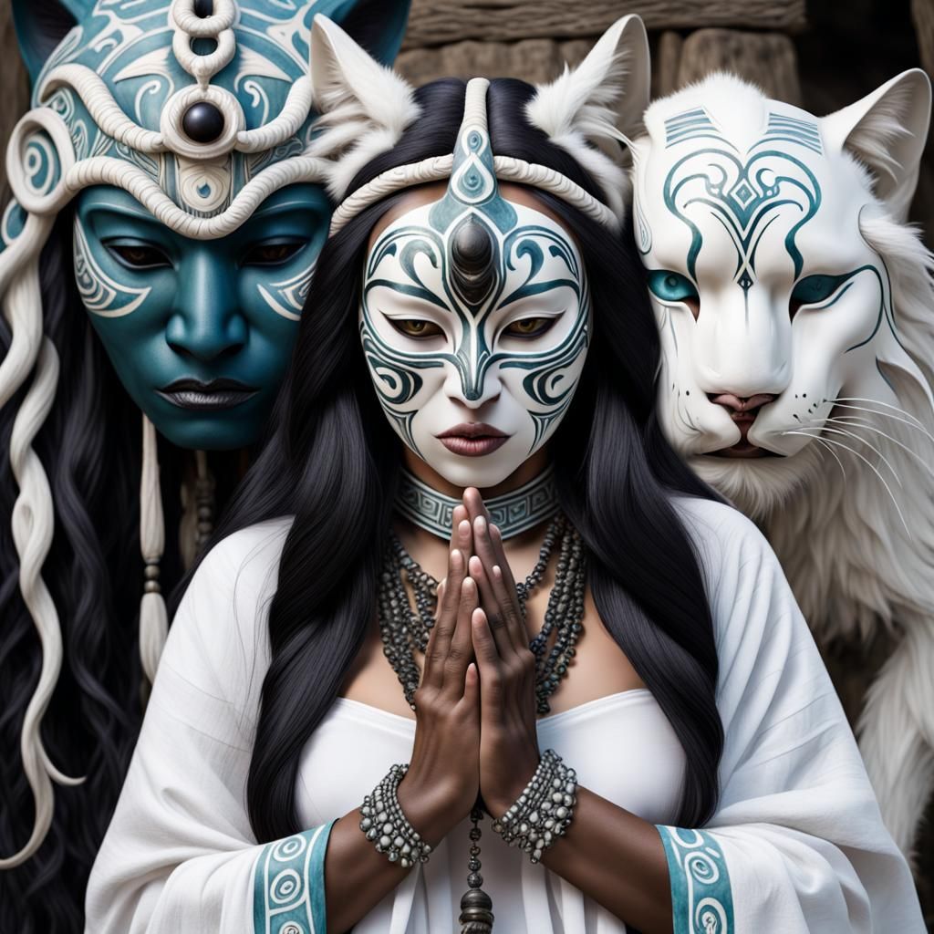 White Cat, Shaman Woman, and Tribal Man in Prayer