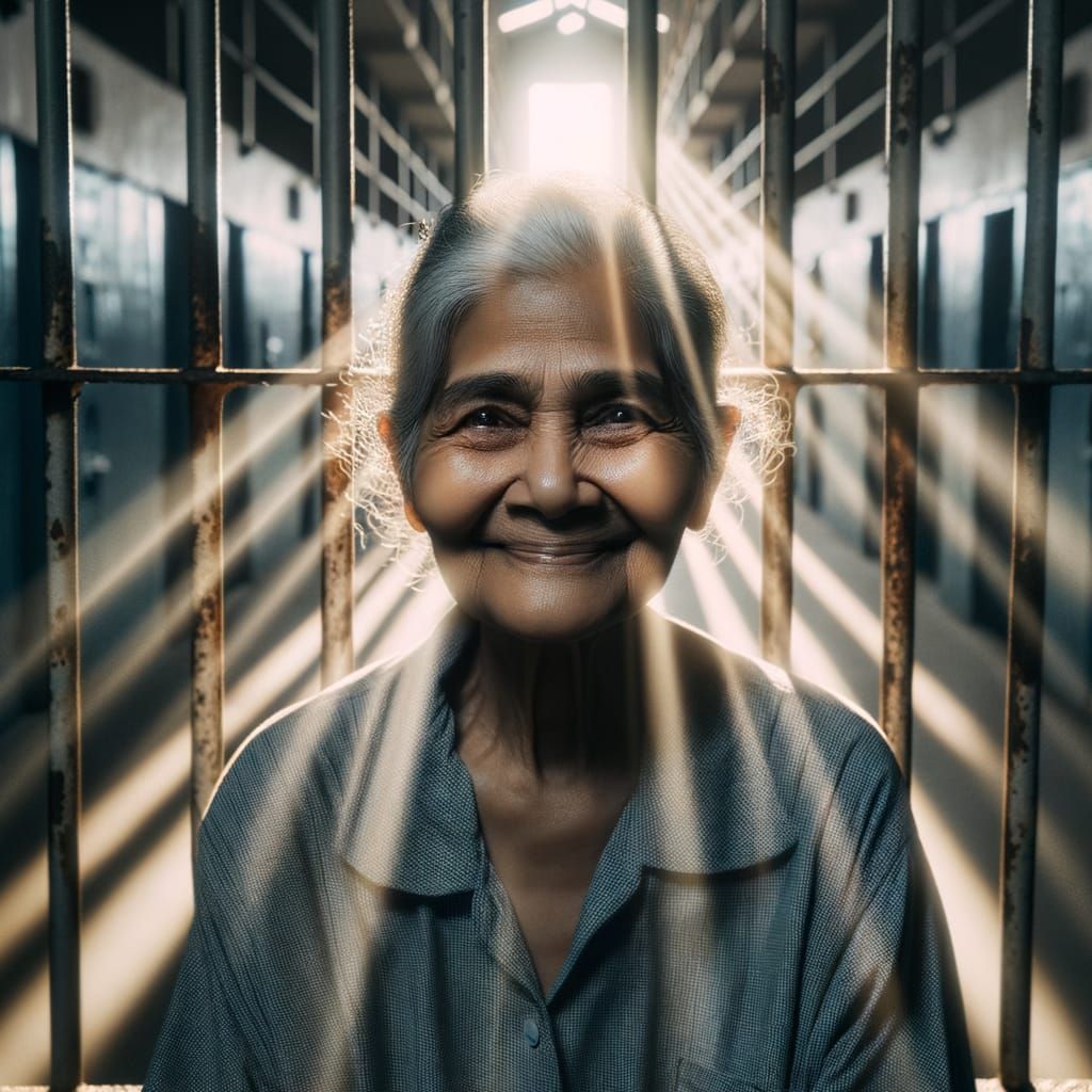 Content Elderly Woman in Prison Cell with Sunlight