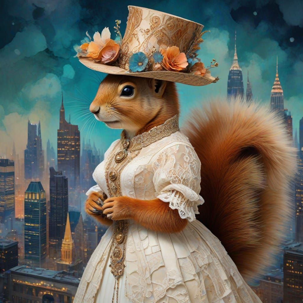 Ethereal Victorian Squirrel Amidst Urban Splendor