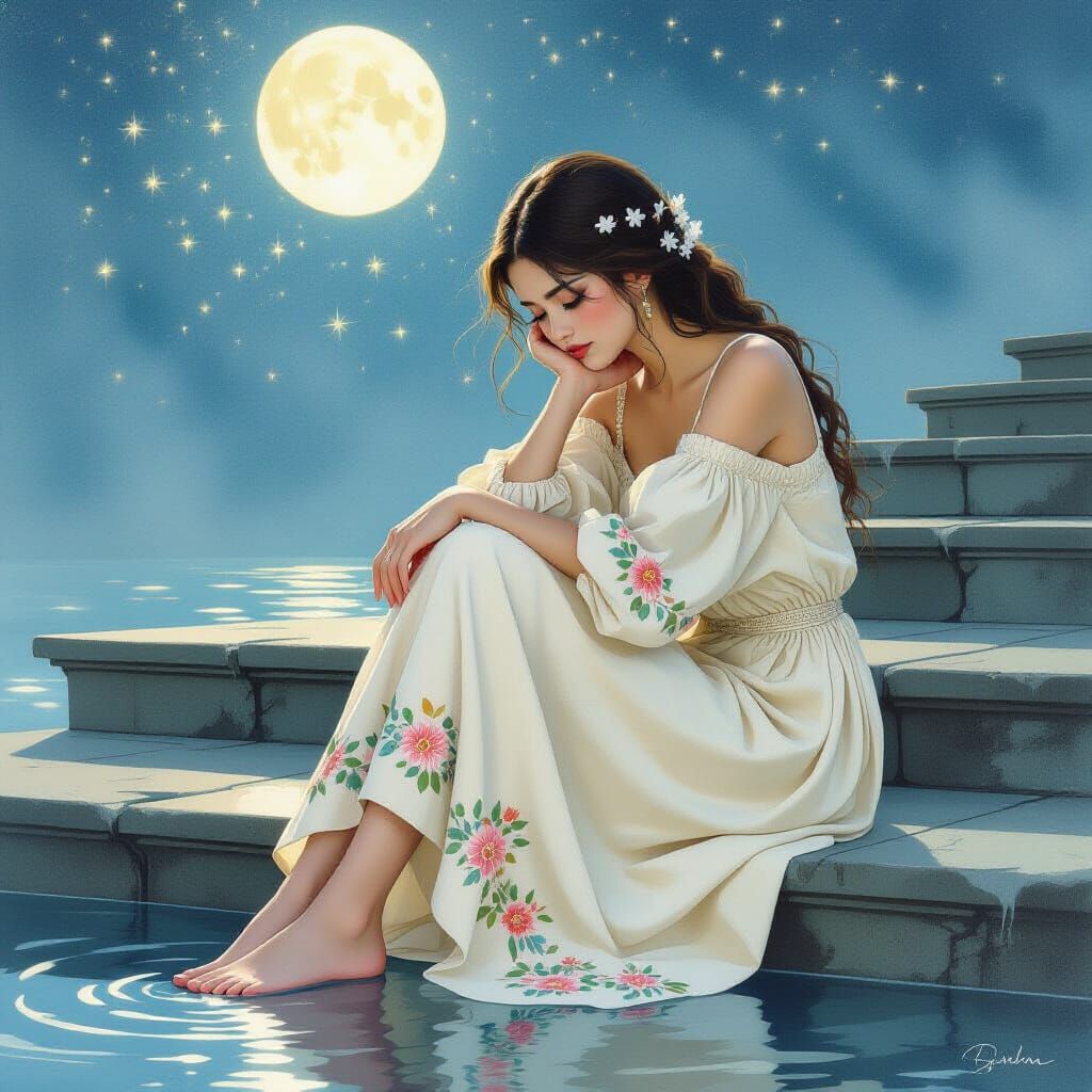 Young Woman on Moonlit Steps in Watercolor Cosmos Style